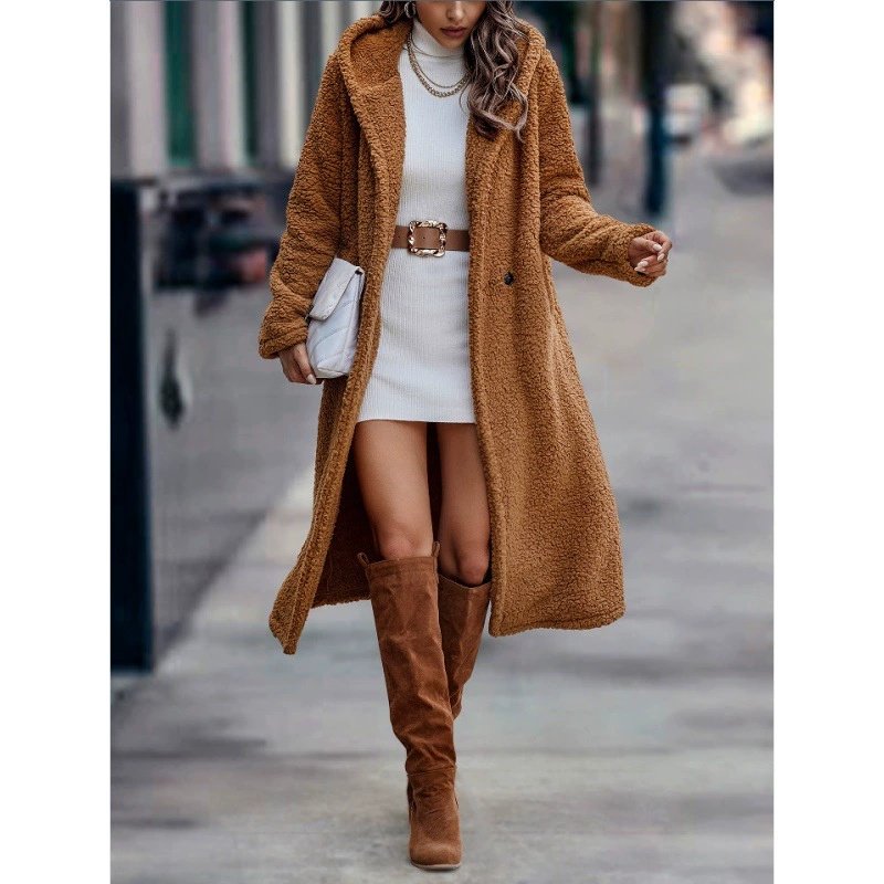 Fashionable Long Solid-color Long-sleeve Plush Hooded Jacket For Women Coat - Image 3
