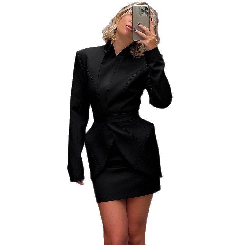 Fashionable And Elegant Stand-up Collar Fitted Long-sleeved Top Hip-hugging Short Skirt Set - Image 5