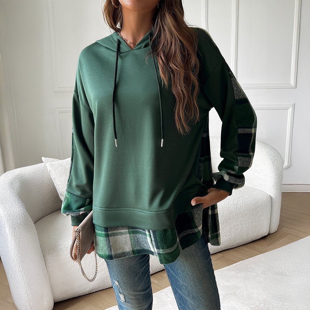 Women's Vintage Oversized Hoodie With Plaid Patchwork Stylish Y2k Clothing Streetwear Round Neck Hooded Long Sleeve Sweatshirts - Image 2