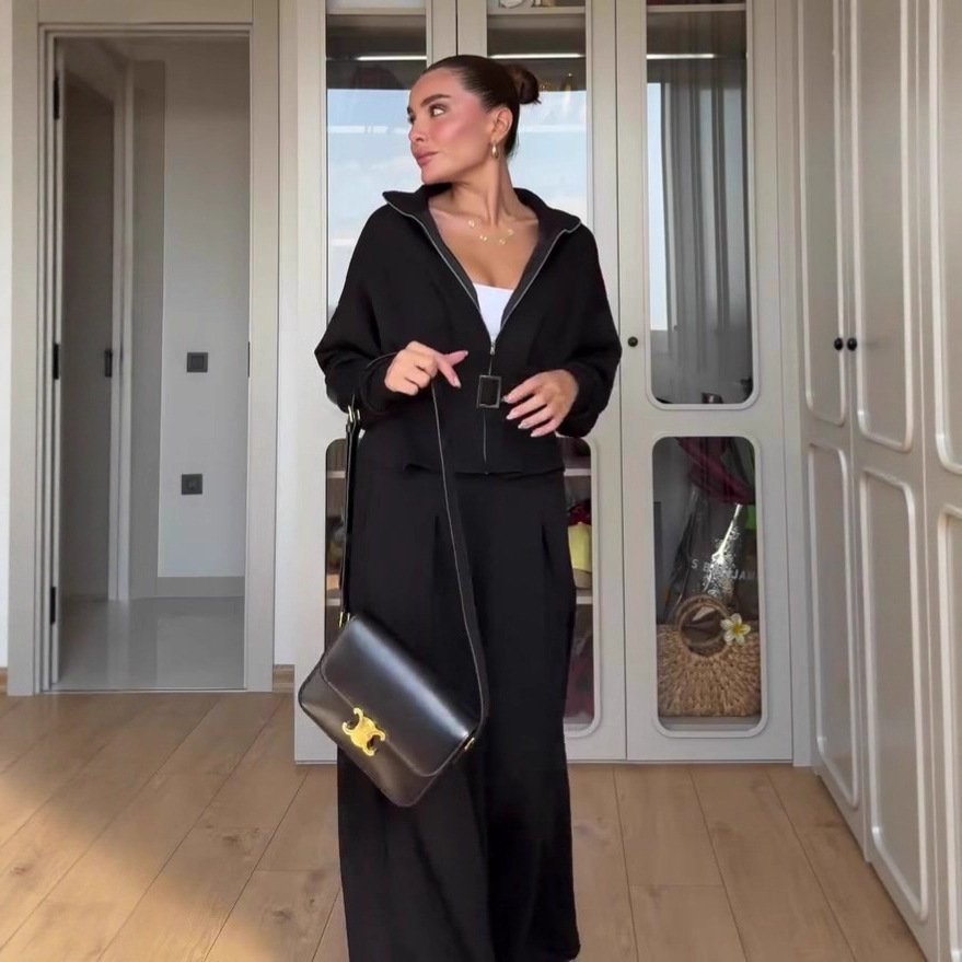 Women's Polo Collar Solid Color Waist Slimming Wide Leg Pants Suit - Image 4