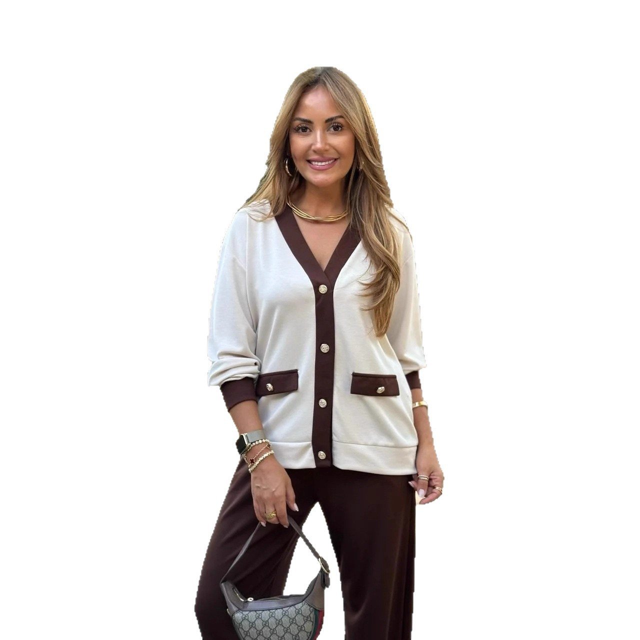 New Coat Casual Contrast Color V-neck Knitted Cardigan Long-sleeve Suit - Image 5