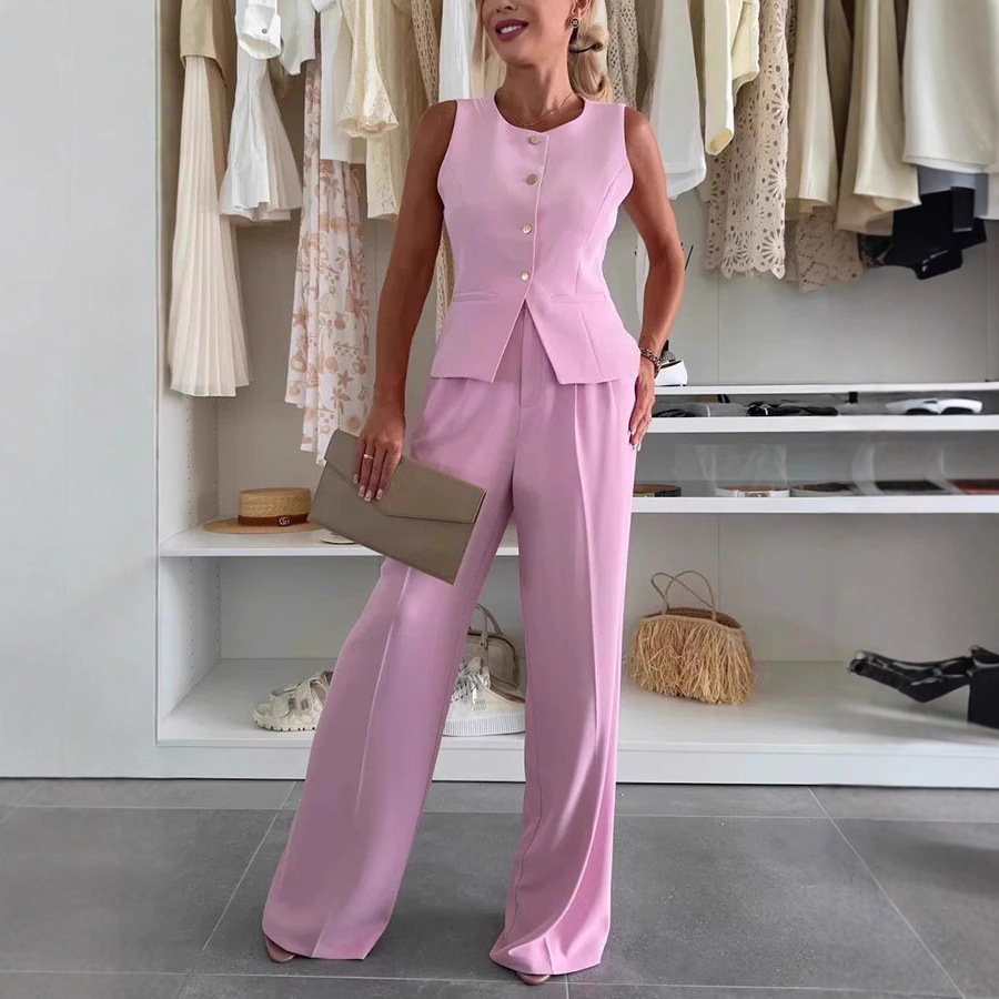 Elegant Commuter Suit V-neck Buttons Decorative Vest Trousers - Image 3