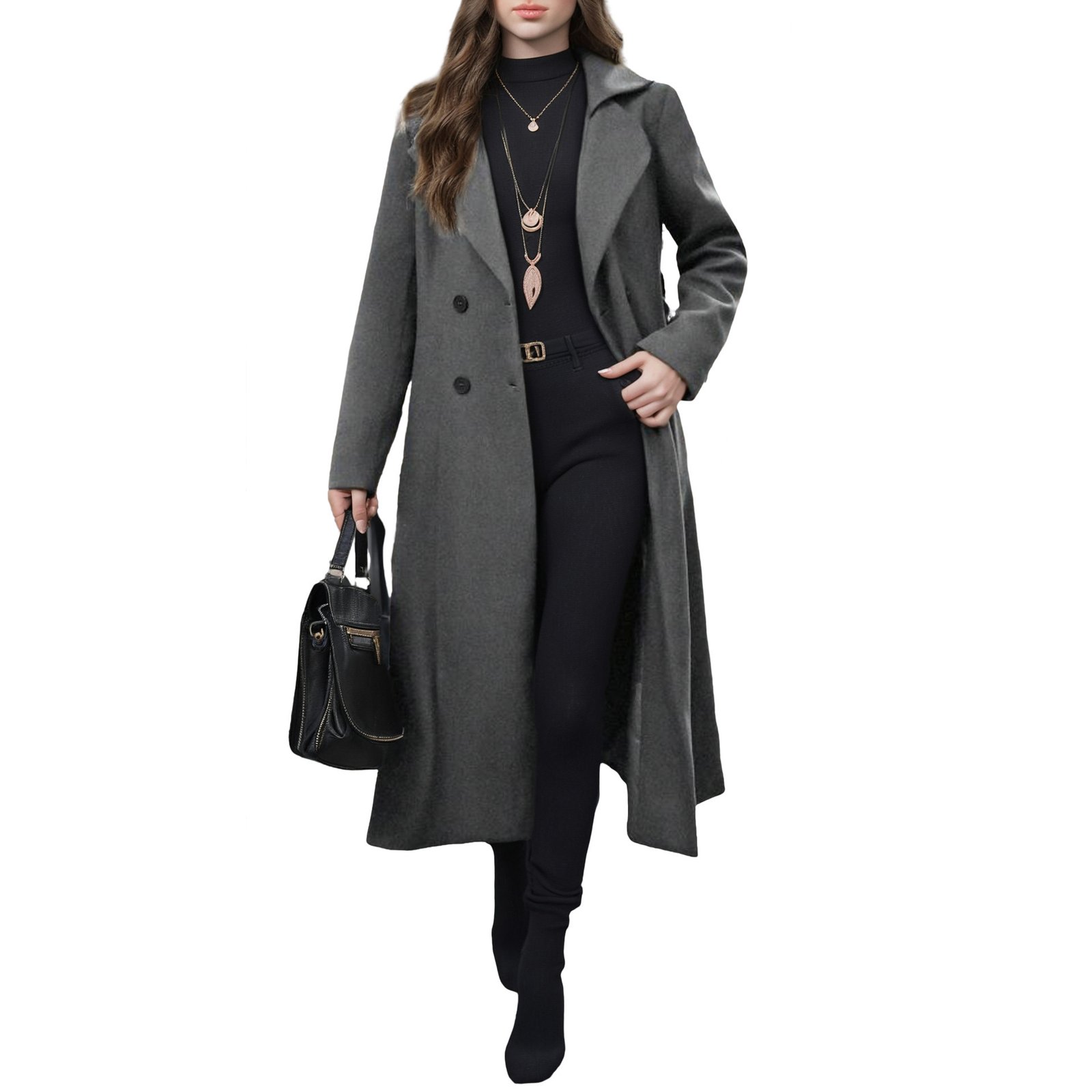 Women's Long Woolen Double-Breasted Coat With Lapel Collar And Belt - Image 4
