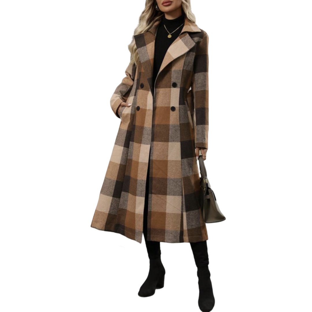 Women's Long Woolen Double-Breasted Coat With Lapel Collar And Belt - Image 5