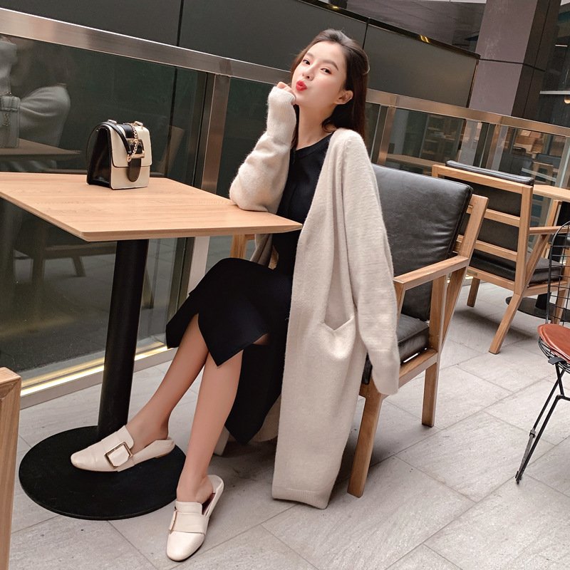 Mid-length Sweater Women's Solid Color V-neck Knitted Jacket - Image 2