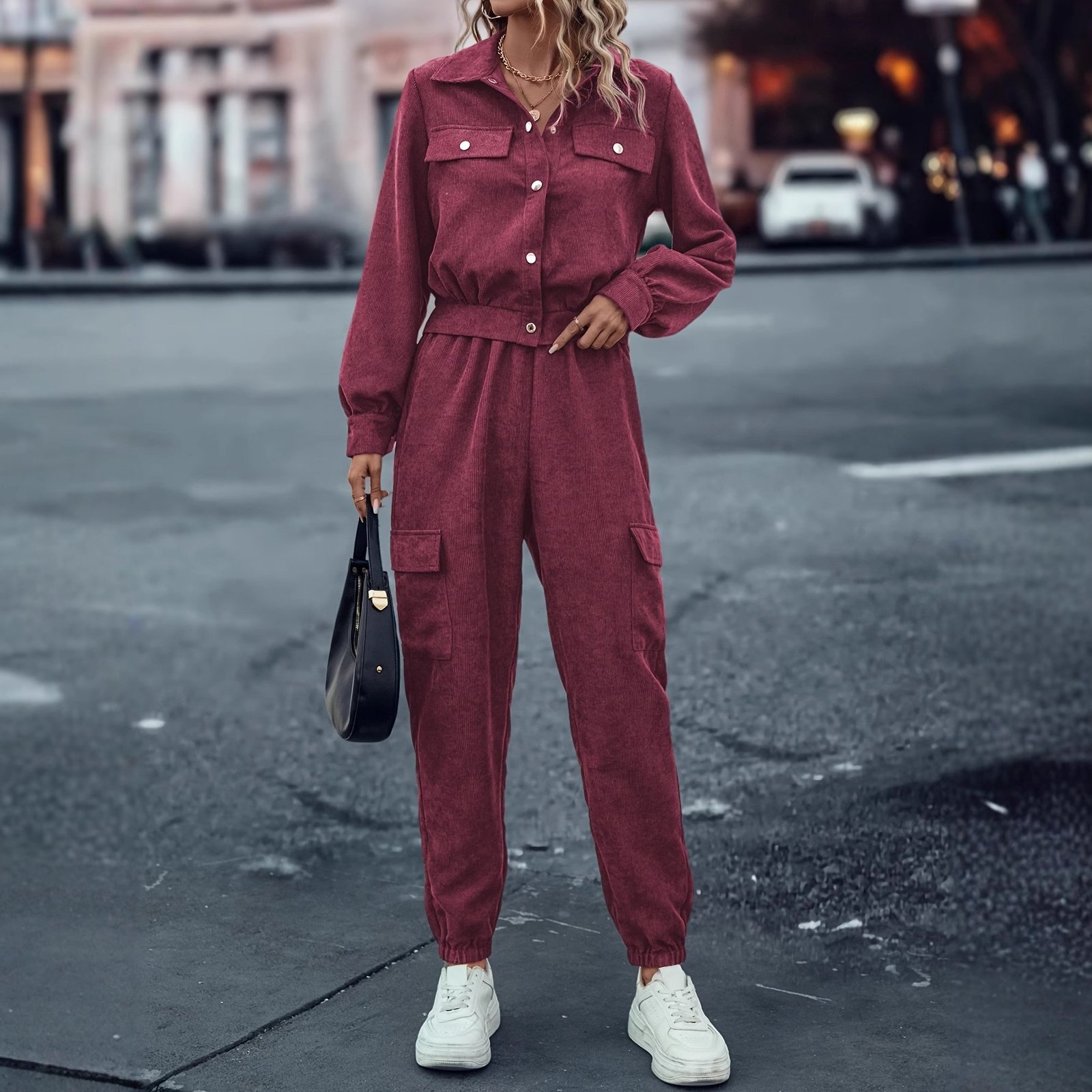 Women's Casual Suit Long-sleeved Single-breasted Jacket And Cargo Pants - Image 3