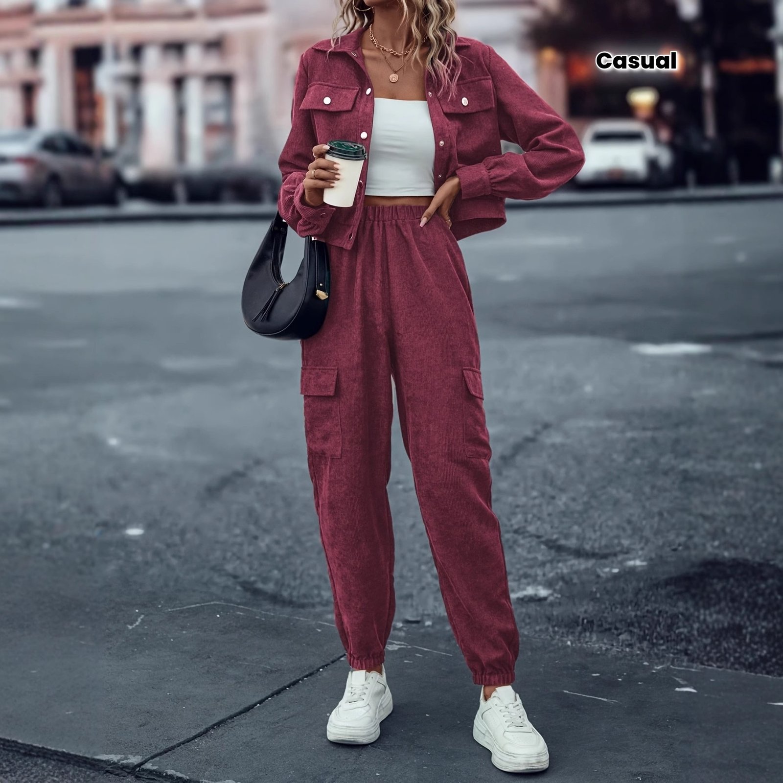 Women's Casual Suit Long-sleeved Single-breasted Jacket And Cargo Pants