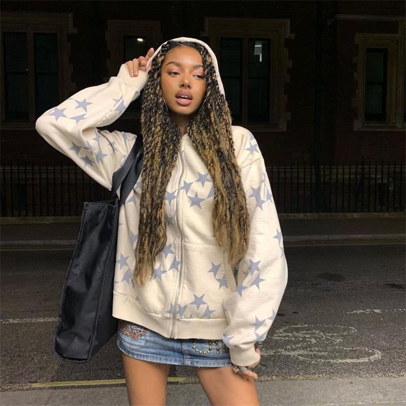 Stars Printed Zipper Hooded Cardigan Couple Fashion Outerwear Hoodies Sweatshirt Street Men Women Coat - Image 6