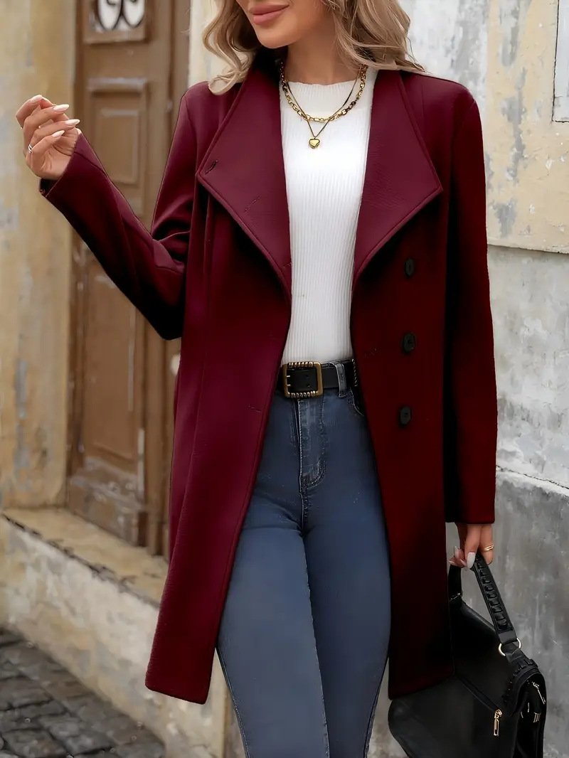 Single-breasted Button-up Tie-neck Stand Collar Warm Woolen Coat, Woolen Trench Coat Jacket - Image 4