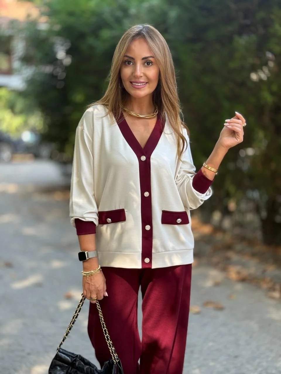 New Coat Casual Contrast Color V-neck Knitted Cardigan Long-sleeve Suit - Image 9