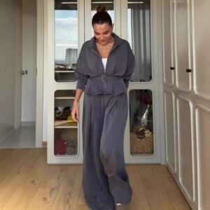 Women's Polo Collar Solid Color Waist Slimming Wide Leg Pants Suit