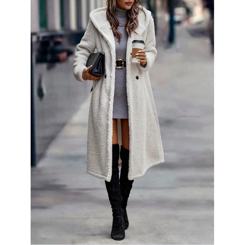 Fashionable Long Solid-color Long-sleeve Plush Hooded Jacket For Women Coat