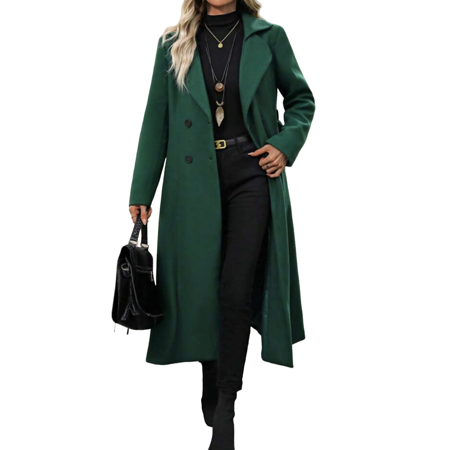 Women's Long Woolen Double-Breasted Coat With Lapel Collar And Belt - Image 6