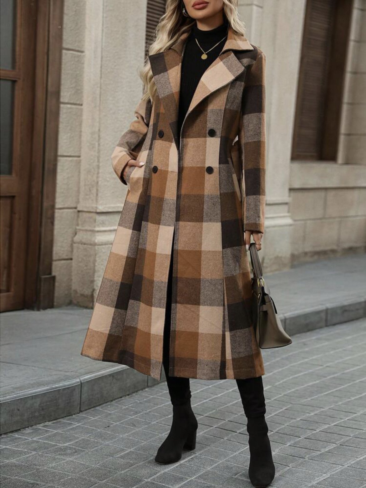 Women's Long Woolen Double-Breasted Coat With Lapel Collar And Belt - Image 2