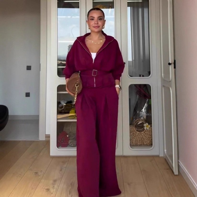 Women's Polo Collar Solid Color Waist Slimming Wide Leg Pants Suit - Image 5