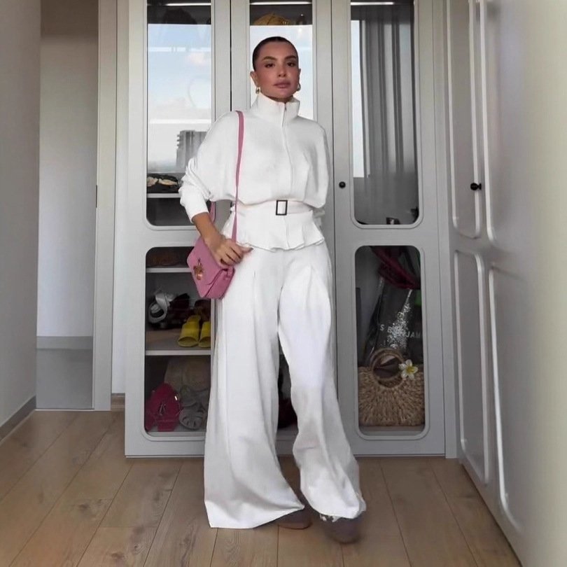 Women's Polo Collar Solid Color Waist Slimming Wide Leg Pants Suit - Image 3