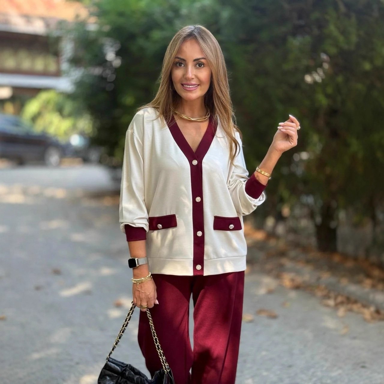 New Coat Casual Contrast Color V-neck Knitted Cardigan Long-sleeve Suit - Image 4