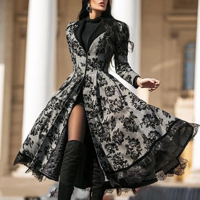 Women's Large-Sized Retro Long Coat With Lace Paneling For Autumn And Winter