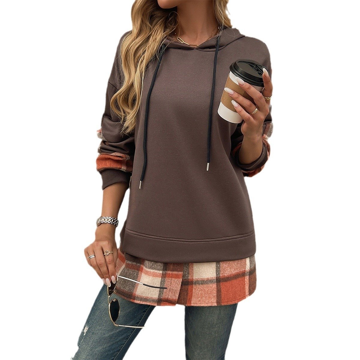 Women's Vintage Oversized Hoodie With Plaid Patchwork Stylish Y2k Clothing Streetwear Round Neck Hooded Long Sleeve Sweatshirts - Image 5