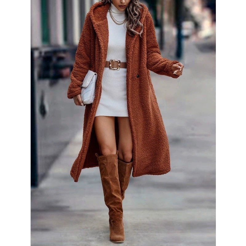 Fashionable Long Solid-color Long-sleeve Plush Hooded Jacket For Women Coat - Image 2