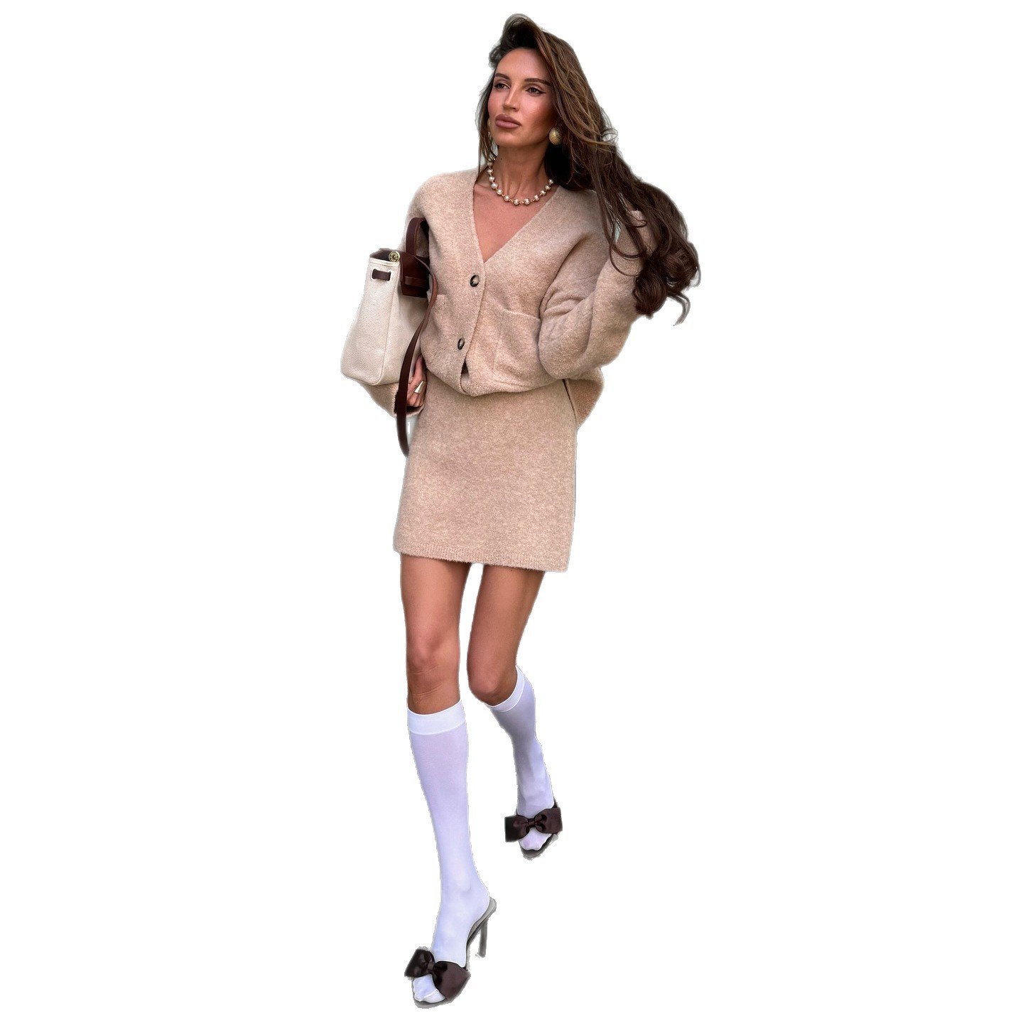 New Woolen Skirt Set V-neck Loose Top Coat Mid-waist A-line Short Skirt Two-piece Set - Image 5